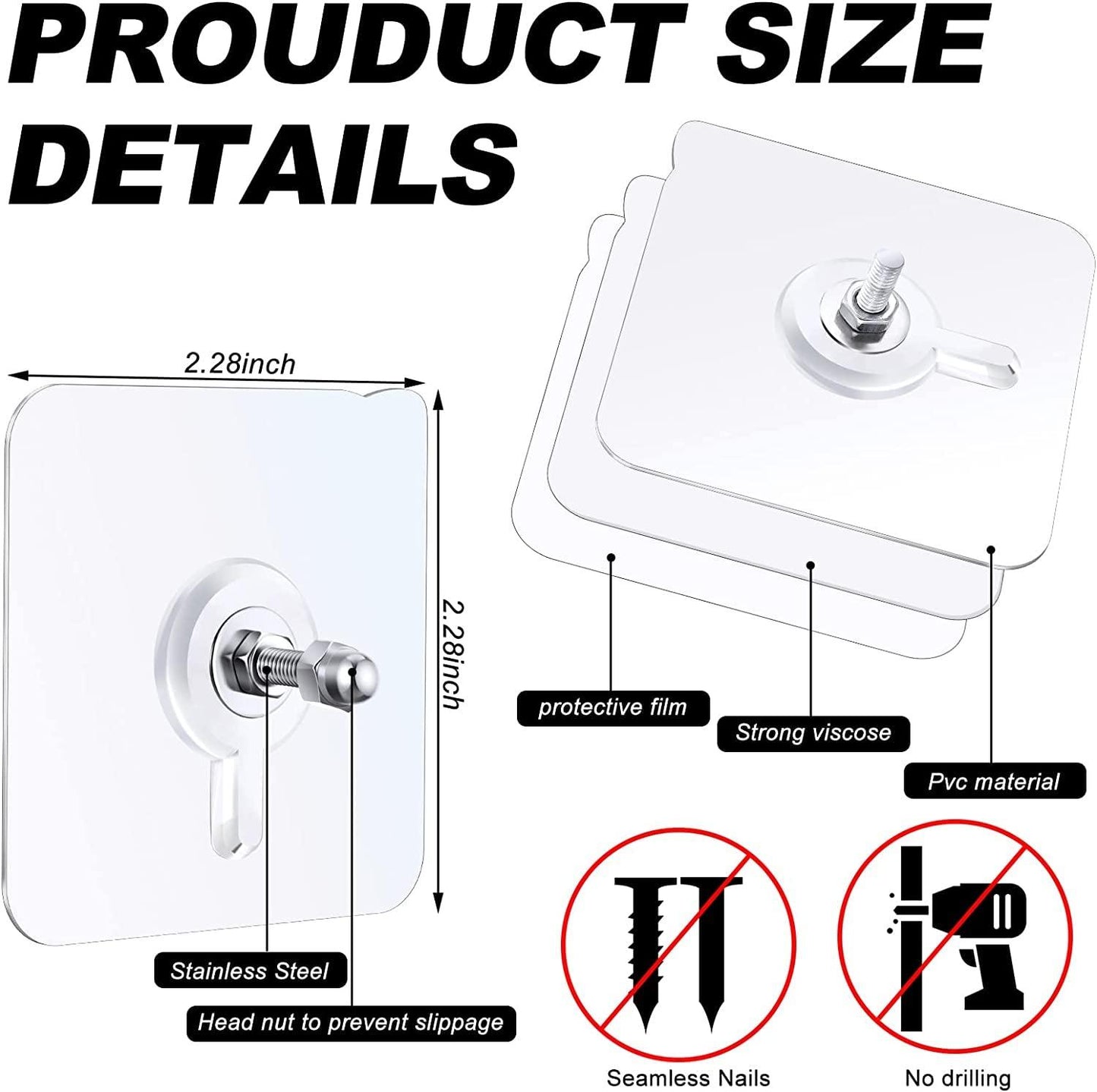 Wall Hooks, Adhesive Wall Screws Hanging Nails, No-Drilling Waterproof Screw Free Stickers for Hanging, Heavy-Duty Adhesive Wall Mount Screw Hooks for Kitchen Bathroom Bedroom Living Room 12 Pcs
